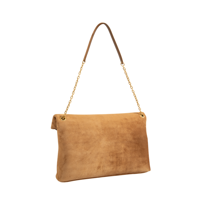 Image 2 of 3 - BROWN - Saint Laurent Women's Cassandre YSL Pouch On Chain Bag is crafted from rich calfskin suede and adorned with the house's iconic Cassandre logo accent in gold-tone hardware. Designed with a structured envelope silhouette, this versatile style features a stowable leather-and-chain shoulder strap that allows it to be carried as a shoulder bag or clutch. The design is finished with an envelope flap and magnetic closure, a cotton-lined interior, and a slip pocket for streamlined organizatio