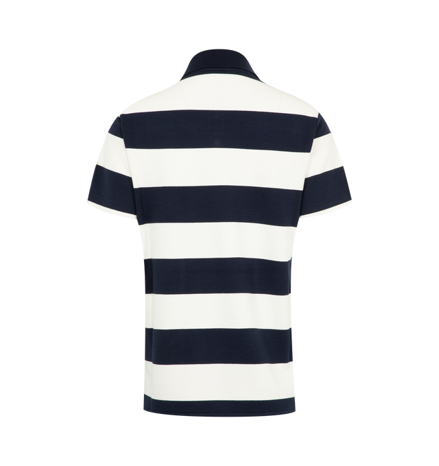 Image 2 of 3 - NAVY - MONCLER Striped Polo Shirt featuring woven viscose, collar, short sleeves and snap button closure. 90% viscose/rayon, 8% polyamide/nylon, 2% elastane/spandex.