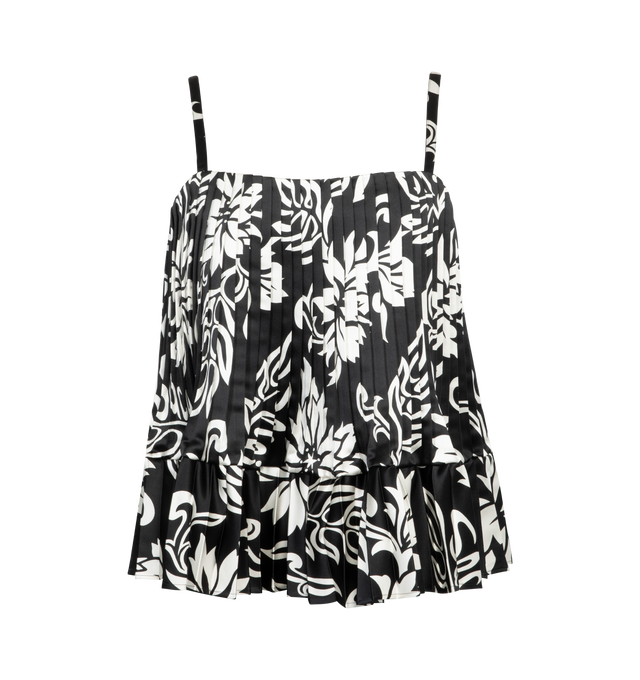 Image 1 of 1 - BLACK - SACAI Floral Print Camisole featuring straight neck, adjustable spaghetti straps, v-shaped back with adjustable horizontal strap, fully pleated design, tiered, flared peplum shape and all over floral print. 100% polyester. Lining: 100% cupro. 