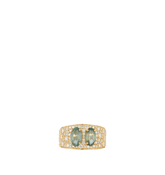 Image 1 of 2 - GOLD - Renna Women's Pelagia Ring is crafted in 18K yellow gold and features two one-of-a-kind denim blue Montana sapphires surrounded by brilliant diamonds in varying sizes, creating exceptional texture, dimension, and natural movement. This designer fine jewelry ring combines sculptural artistry with timeless elegance, balancing a bold silhouette with an effortless feel. Main Material: 18K Yellow Gold. Gemstones: Approximately 1.6 TCW Diamonds, 2.6 TCW Montana Sapphires.For personal consult