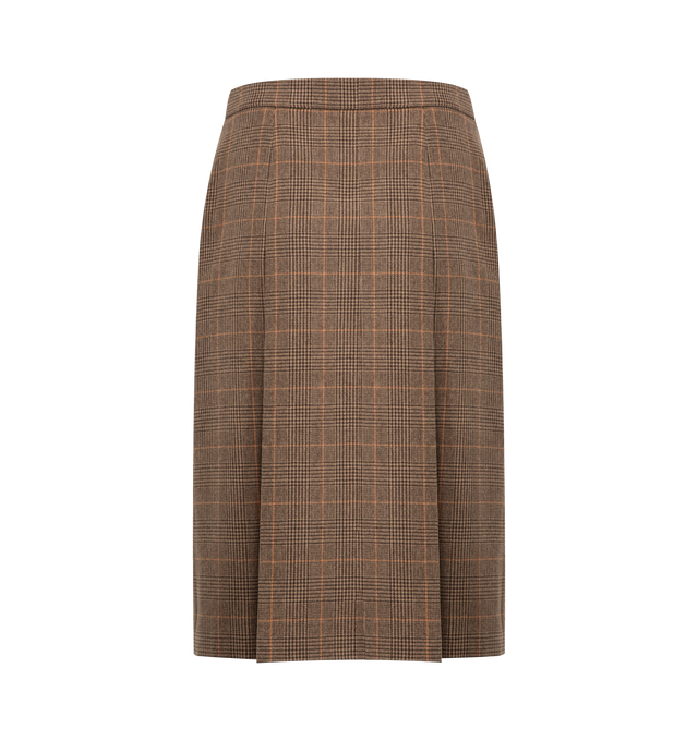 Image 4 of 4 - BROWN - SAINT LAURENT Midi Skirt in Prince of Wales Wool and Cashmere featuring inverted box pleat midi skirt made with certified wool, silk lining, concealed side zip closure and concealed side pockets. 90% new wool, 10% cashmere. Made in Italy.