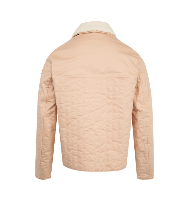 Image 2 of 4 - PINK - Moncler x Gilga Farm Designed by Donald Glover Kishus Padded Shirt Jacket featuring stretch cotton gabardine, longue saison lining, padded, detachable knit collar, snap button closure, patch pockets, chest pocket with zipper closure and logo patch. 74% cotton, 24% lyocell, 2% elastane/spandex. Lining: 100% polyamide/nylon. Collar: 100% virgin wool. Padding: 100% polyester. Made in Romania.