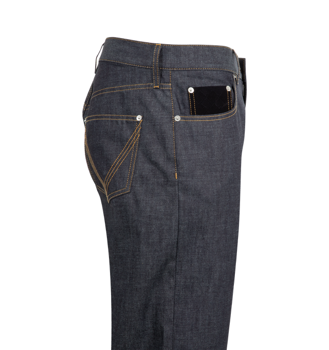 Image 3 of 3 - BLUE - BOTTEGA VENETA Rinsed Indigo Wide Leg Jeans featuring turned up hem in lightweight rinsed indigo washed denim, an Intrecciato suede back patch, wide leg and button fly. 100% cotton. Made in Italy.