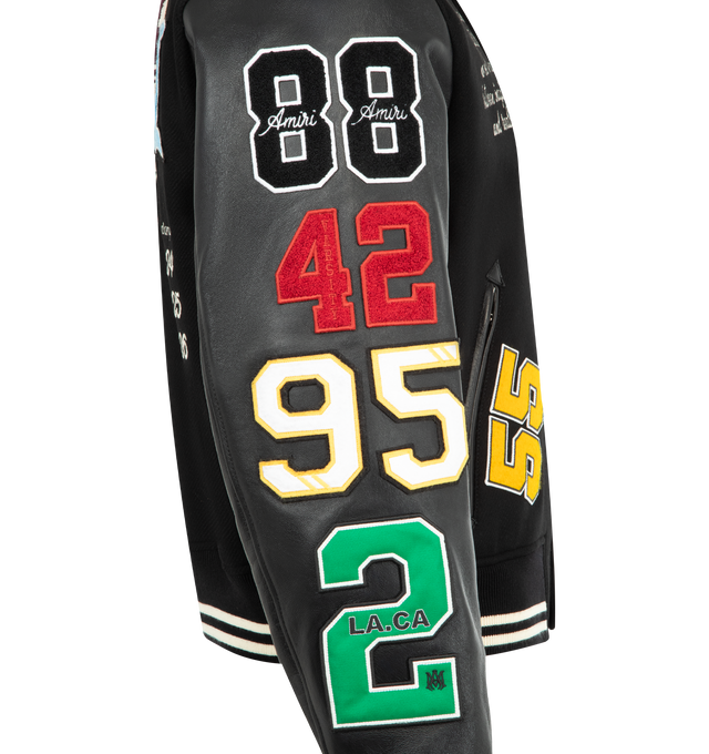 Image 3 of 4 - BLACK - AMIRI Varsity Patch Jacket featuring varsity patch detailing, zipper pocket, snap button closure and embroidery at chest. 75% wool, 25% nylon. Made in Italy.