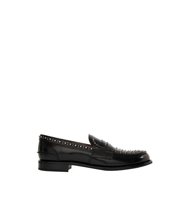 Image 1 of 4 - BLACK - CHURCH'S Pembrey Studded Leather Penny Loafers featuring polished calf leather, metallic stud detailing, round moc toe, notched vamp with keeper strap, slip-on style and rubber outsole. 20 mm flat heel. Made in Italy.
