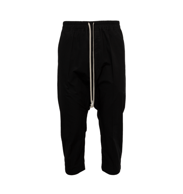 Image 1 of 4 - BLACK - RICK OWENS Drawstring Crop Pants featuring elastic drawstring waist, cropped hem, side slit pockets and back flap pockets. 53% viscose, 47% acetate. 