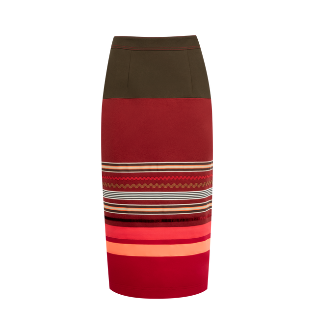 Image 1 of 3 - MULTI - CHRISTOPHER JOHN ROGERS Embroidered Colorblock Pencil Skirt featuring high waist, lace up back, back slit hem, exposed side zipper and stripes throughout.