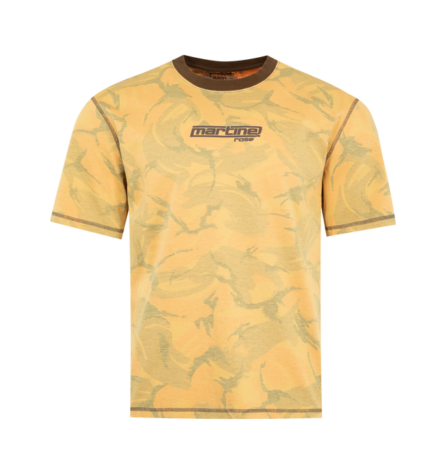 Image 1 of 2 - YELLOW - MARTINE ROSE Classic T-Shirt featuring a vintage feel to it, covered in a faded camo print with a retro, sporty logo at the centre of the chest, crewneck, short sleeves and printed branding. 100% cotton.