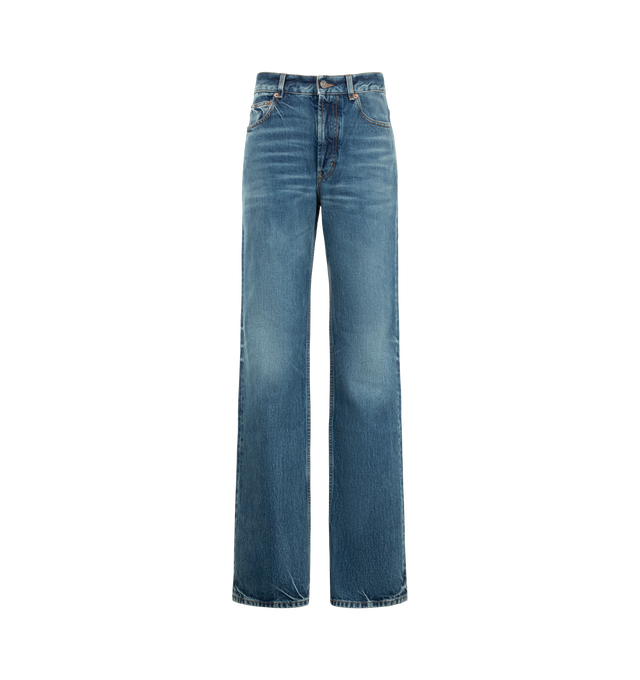 Image 1 of 3 - BLUE - Saint Laurent Women's Straight-Leg Nico Jeans are crafted from cotton denim and feature a button closure with a button fly and classic five-pocket construction. Saint Laurent Paris-embossed leather jacron at the back complete the design. Main Material: Cotton. Made in Italy.