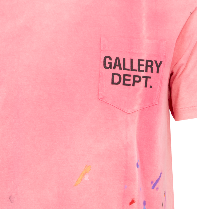 Image 2 of 2 - PINK - GALLERY DEPT. Vintage Logo Painted Tee featuring boxy fit with understated ribbed accents at the neckline and cuffs, faded screen-printed logo on both front and back along with paint splatter. 100% cotton. 