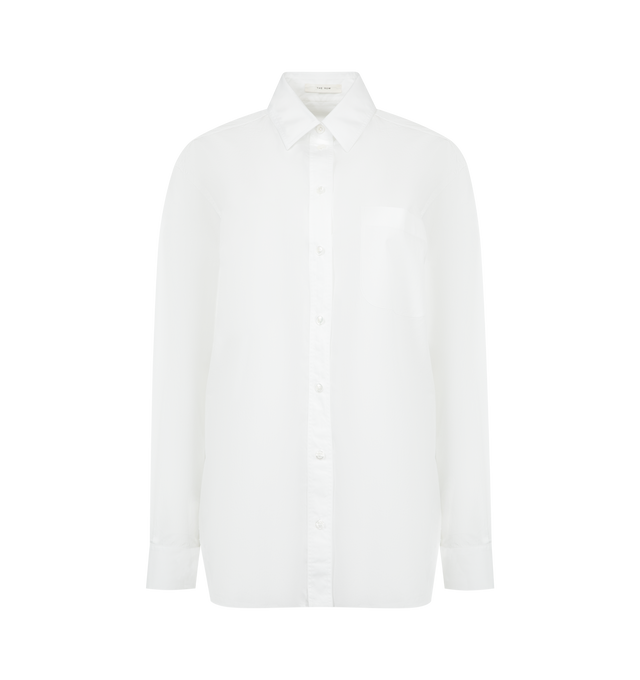 Image 1 of 2 - WHITE - THE ROW Gavina Shirt featuring classic button-up shirt in smooth sea island cotton chambray with front patch pocket, slim back yoke and exposed front button placket. 100% cotton. Made in Italy.