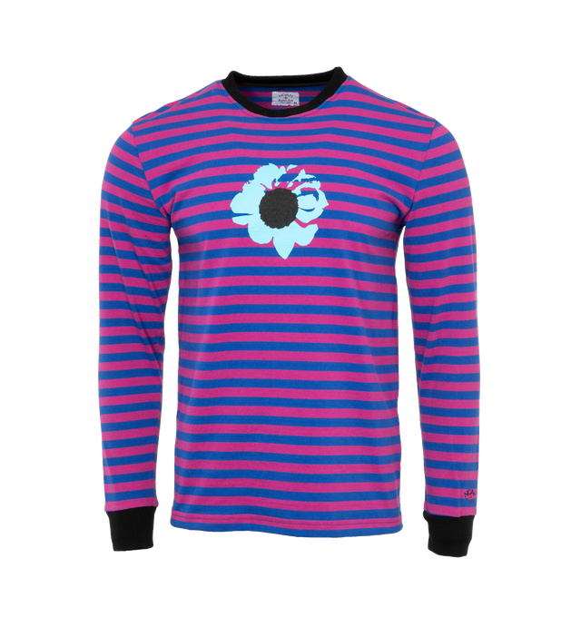 Image 1 of 2 - MULTI - NOAH X THE CURE STRIPED LONG SLEEVE TEE crafted from 100% cotton, 8.0 oz. Practice Cloth with engineered stripes. Rib knit collar, cuffs and waistband. Printed graphic on front. Embroidered logo above cuff. Made in Canada.  Unisex style with men's sizing. 