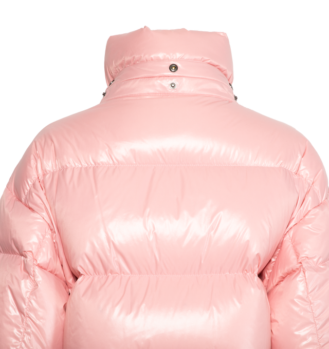 Image 3 of 3 - PINK - MONCLER Abbaye Short Down Jacket featuring recycled nylon laqu lining, down-filled, detachable hood, interior in contrasting colour, zip and snap button closure, zipped pocket and terry stitch Moncler embroidery. 100% polyamide/nylon. Padding: 90% down, 10% feather. Made in Romania. 