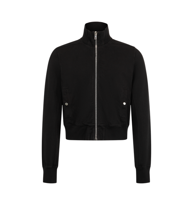 Image 1 of 2 - BLACK - Rick Owens DRKSHDW Men's Rev Track Jacket is crafted from heavyweight compact cotton jersey and features a below-waist silhouette, a funnel neck, level shoulder seams, ribbed cuffs and waistband, and a central zip closure. Designed with front vertical snap-closure pockets and garment-dyed for a soft handfeel, this track-inspired style combines comfort and functionality. Main Material: 100% Cotton.