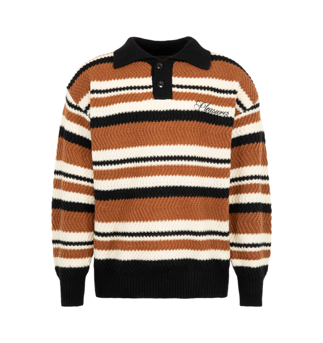 Image 1 of 2 - MULTI - Pleasures Men's Cooper Polo Sweater is crafted from soft polyester knit and features a classic polo collar for a refined take on casual knitwear. Main Material: 100% Polyester.