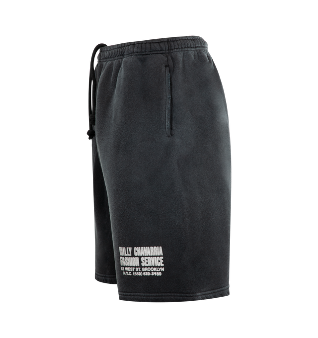 Image 3 of 3 - BLACK - WILLY CHAVARRIA Fashion Services Willy Sweat Shorts featuring heavyweight cotton French terry shorts, distressing throughout, concealed drawstring at elasticized waistband, two side pockets and text print on leg. 100% cotton.