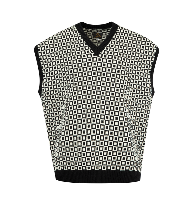 Image 1 of 2 - BLACK - NEEDLES Shetland Knit Vest featuring V-neck sweater vest, knit in a repeating square pattern, contrasting ribbed hems and sleeveless. 100% wool. Made in Japan.