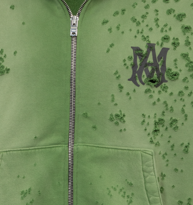 Image 3 of 4 - GREEN - AMIRI MA Logo Shotgun Zip Hoodie featuring double zip front closure, ribbed hem and cuff, distressing throughout and logo on front and back. 100% cotton. 