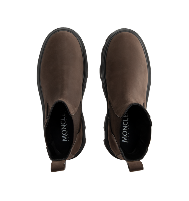 Image 4 of 4 - BROWN - MONCLER Peak City Nubuck Chelsea Boots featuring nubuck upper, leather insole, side elastic inserts, rubberized TPU sole and EVA midsole. Calf height 22 cm. Sole height 4 cm. 70% polyester, 30% elastodiene. Upper: cow. Made in Italy.
