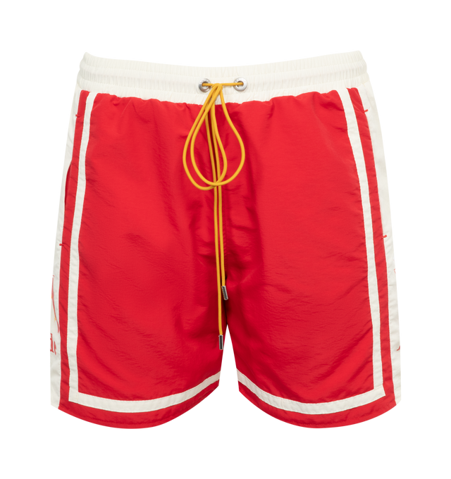 Image 1 of 3 - RED - RHUDE Moonlight Shorts featuring nylon taffeta, drawstring at elasticized waistband, three-pocket styling, vented cuffs, logo graphic printed at outseams and full lyocell twill lining. 100% nylon. Lining: 100% lyocell. Made in United States. 