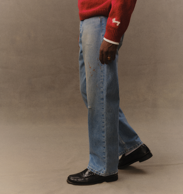Image 7 of 8 - BLUE - Cherry LA Men's Wide Leg 5 Pocket Jeans are crafted from cotton denim and features a wide-leg silhouette with classic five-pocket construction. Designed with branded nickel hardware and a signature suede logo patch at the back, this everyday style combines relaxed proportions with timeless denim detailing. Main Material: Cotton Denim. Made in Los Angeles, California.