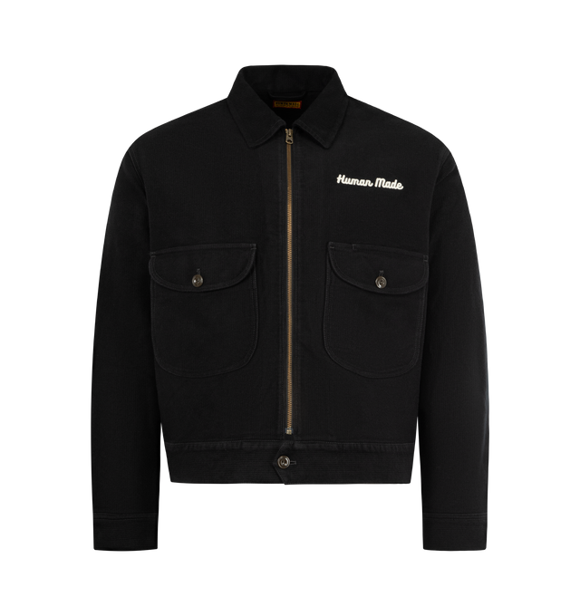 Image 1 of 3 - BLACK - HUMAN MADE Zip-Up Work Jacket featuring short length, thick cotton with a fine, textured striped pattern, two flap pockets on the front, duck graphic on the back, graphic expressed with chain stitching, brand logo on the left chest and drawcord with adjuster tabs with heart buttons. 100% cotton.