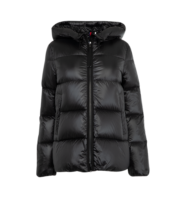 Image 1 of 3 - BLACK - MONCLER Serittes Hooded Short Down Jacket featuring recycled longue saison lining, down-filled, adjustable hood with recycled microfiber lining, zipper closure, pockets with button closure and logo patch. 100% polyamide/nylon. Padding: 90% down, 10% feather.