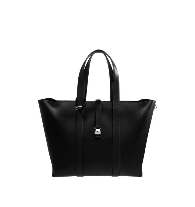 Image 1 of 3 - BLACK - Moncler x EE72 by Edward Enninful EE Leather Tote featuring leather lining, leather handles, zipper and buckle closure, front and inner pockets, side bands, name tag and metal loops at each side. L 40 cm x H 57 cm x D 18 cm. Leather. Made in Italy.