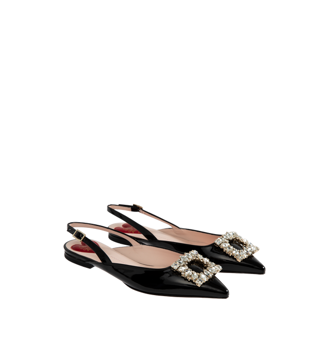 Image 2 of 4 - BLACK - ROGER VIVIER Strass Buckle Slingback Ballerinas in Patent Leather featuring patent leather upper, tapered toe, crystal buckle, heel strap and leather insole with heart-shaped insert. Leather outsole. Made in Italy. 