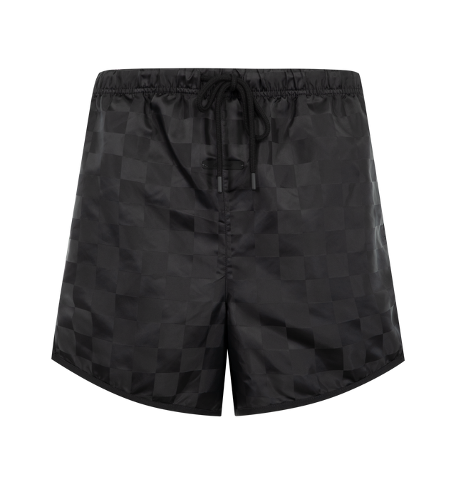 Image 1 of 3 - BLACK - Fear of God Essentials Mens Checkered Gym Shorts are crafted from nylon. Feature a relaxed fit, and an elasticized waistband with drawstring. Main Material: Nylon.
