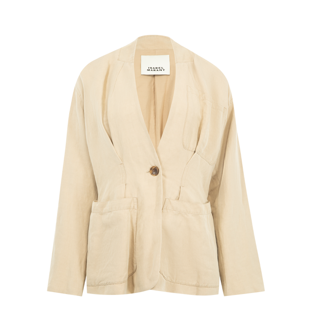 Image 1 of 2 - NEUTRAL - ISABEL MARANT Soraya Linen and Silk-Blend Blazer featuring embossed front pockets, no lapel, slightly loose fit, close fit at the waist, one single-breasted button and pleated. 62% linen, 38% silk. Lining: 100% cotton. Made in India.