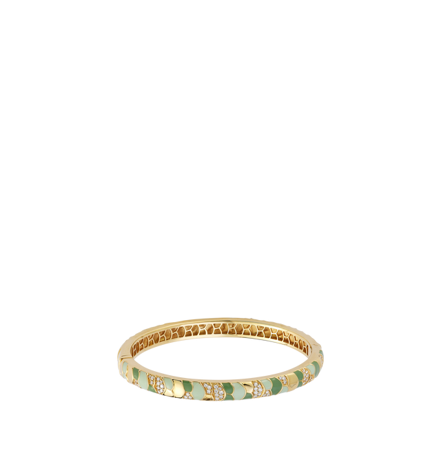 Image 1 of 2 - GOLD - Renna Jewelry elegant cuff featuring soft green enamel set in luxurious 18k gold, accented with 1.00 TCW diamonds. Size 17mm. Hirshleifers offers a range of pieces from this collection in-store. For personal consultation and detailed information about jewelry, please contact our dedicated stylist team at personalshopping@hirshleifers.com.