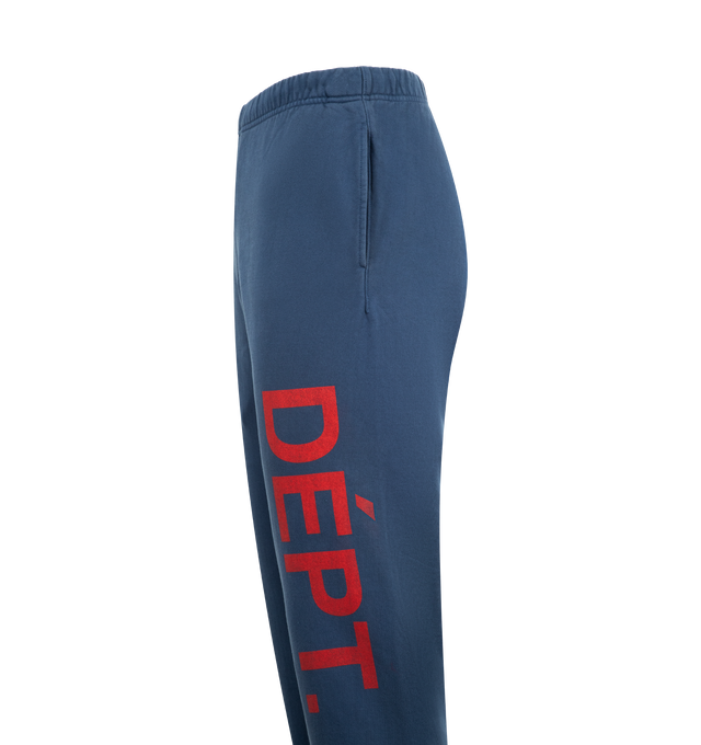 Image 3 of 3 - BLUE - GALLERY DEPT. Team Dept Sweatpant featuring sweatpant joggers, side seam pockets, elasticized waistband and cuffs with inner drawstring, distressed FRENCH DPT. print down the left leg, embroidered 'Sport Elegant' logotype and inner 'Art on Display' patch. 100% cotton. Made in USA.