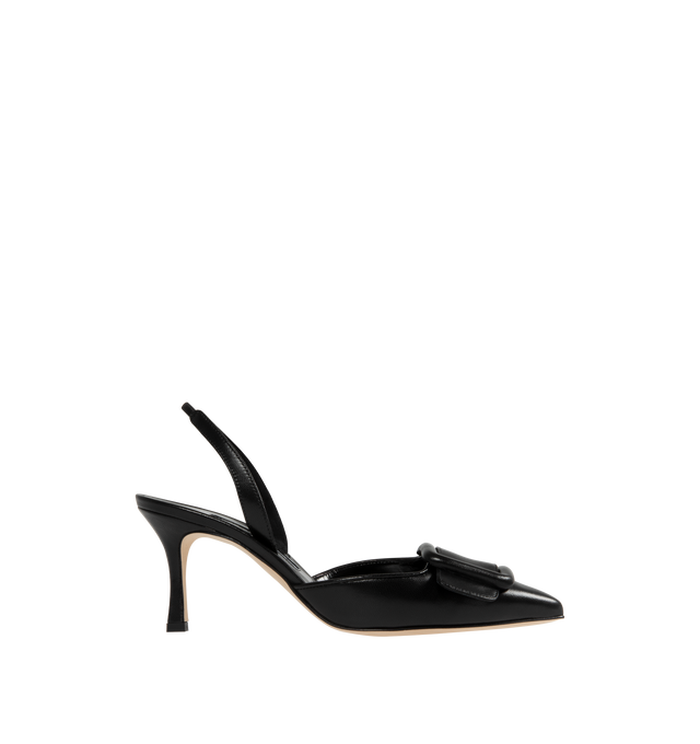 Image 1 of 4 - BLACK - Manolo Blahnik Maysli black suede slingback pumps featuring pointed toe, decorative buckle detail, elasticated slingback strap and stiletto mid 70mm heel. Upper: 100% calf suede. Sole: 100% cow leather. Lining: 100% goat skin. Made in Italy.