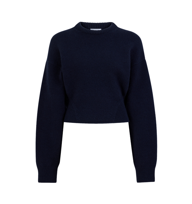 Image 1 of 1 - NAVY - Alaia Women's Crew Neck Jumper sweater is crafted in a loose fit cashmere knit with long sleeves, adn ribbed hem. Made in Italy