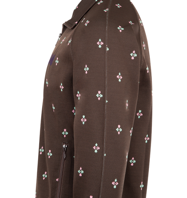 Image 3 of 3 - BROWN - NEEDLES Poly Jacquard Track Jacket featuring smooth poly jacquard, a relaxed silhouette, zip closure, the iconic butterfly logo and zipped pockets. 100% polyester. Made in Japan.