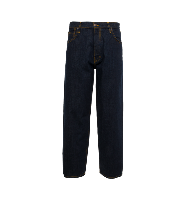Image 1 of 4 - BLUE - Noah Stovepipe Relaxed Fit Jeans crafted from 100% cotton, Japanese selvedge denim. Classic 5-pocket style with zip fly, metal shank closure, and copper rivets. Woven label on back pocket. Wide fit.  Made in USA.  