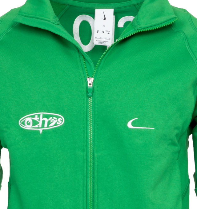 Image 4 of 5 - GREEN - NIKE X OFF WHITE Jacket featuring zip front closure, fleece lined, stand collar, long sleeves and ribbed cuffs and hem. 84% cotton, 16% polyester. 
