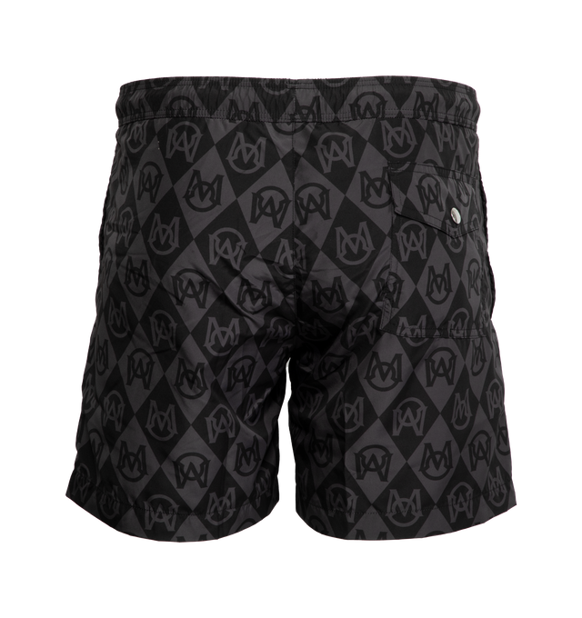 Image 2 of 3 - BLACK - MONCLER Monogram Print Swim Shorts featuring waistband with drawstring fastening and back patch pocket. 100% polyester. 
