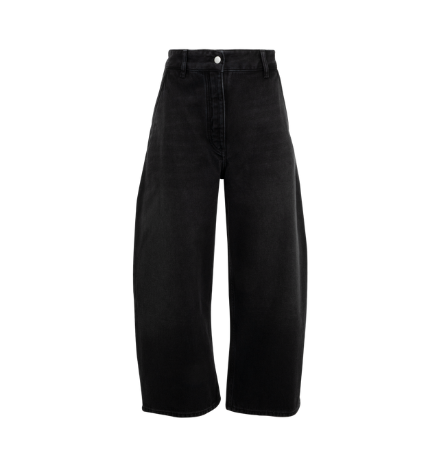 Image 1 of 3 - BLACK - Studio Nicholson Chalco Denim Pants are cut wide and cropped, with a curved leg and dropped crotch, constructed from a recycled denim thats been garment dyed for a soft, easy-wearing finish. Featuring button waist, belt loops, side slash pockets and back patch pockets. 71% Cotton, 16% Reused Cotton, 13% Recycled Polyester.