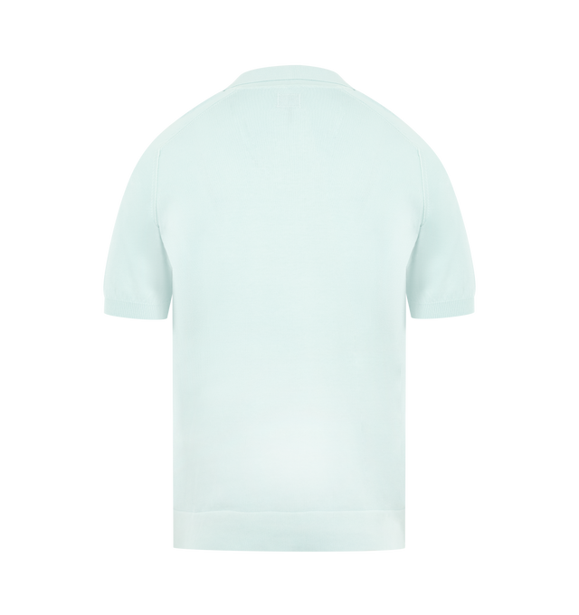 Image 2 of 3 - BLUE - C.P. COMPANY Cotton Crepe Short Sleeve Polo Sweater featuring ribbed open collar and bottom sleeves, armholes with contrast stitching, hem printed logo, gauge 14 and regular fit. 100% cotton. Made in Italy.