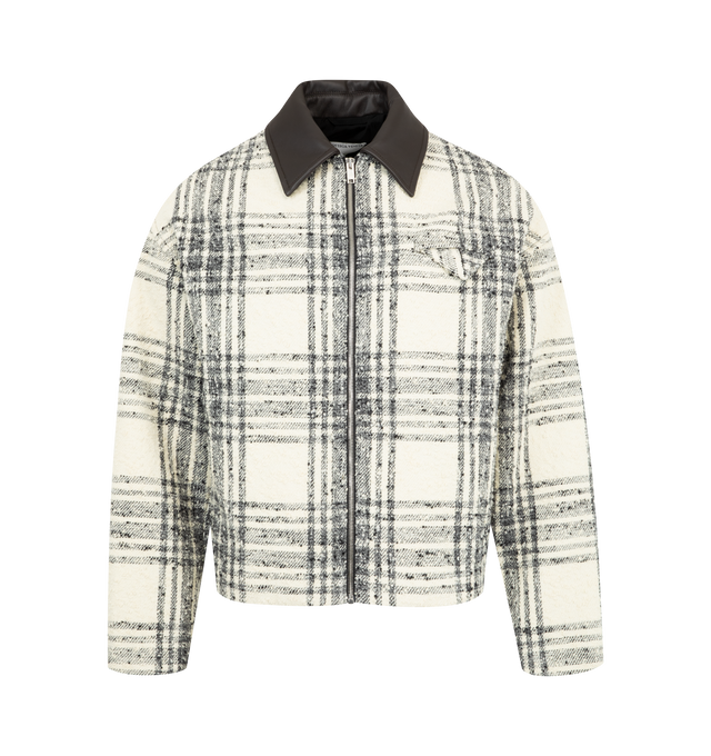 Image 1 of 3 - WHITE - BOTTEGA VENETA Plaid Blouson featuring zipper closure, side slit pocket, chest pocket and leather collar. Made in Italy.