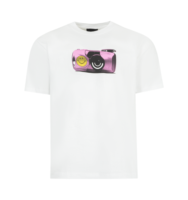 Image 1 of 2 - WHITE - MARKET Smiley Photoshoot Graphic T-Shirt featuring crewneck, short sleeves, boxy fit and graphic on front and back. 100% cotton.