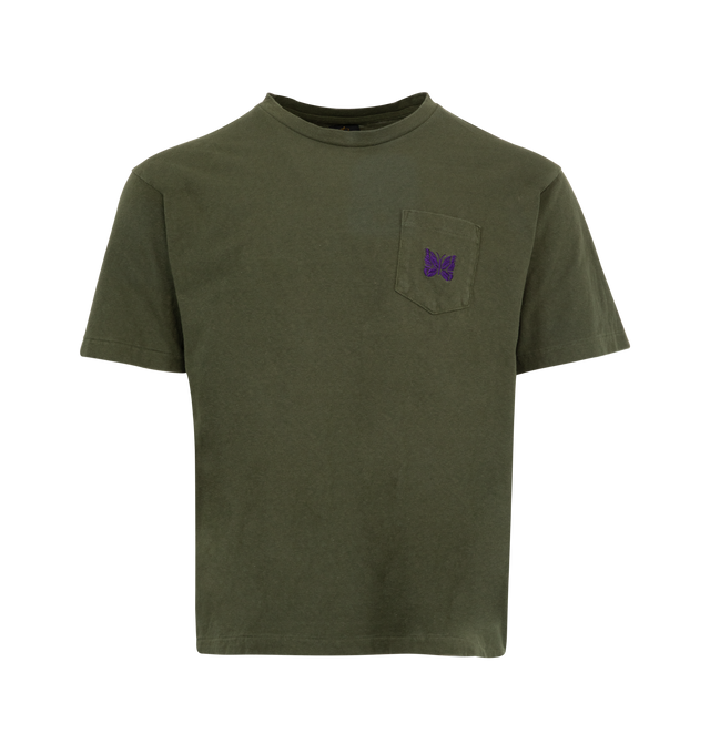 Image 1 of 2 - GREEN - NEEDLES Embroidered Pocket Tee featuring crew neck, short sleeves, slip pocket styling, embroidered logo detail and midweight jersey fabric. 100% cotton. Made in Japan.