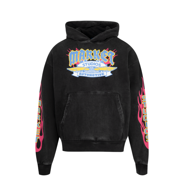 Image 1 of 2 - BLACK - MARKET V12 Hoodie featuring hooded neckline, ribbed hem and cuffs, graphic on front, back and sleeves and front kangaroo pocket. 100% cotton.