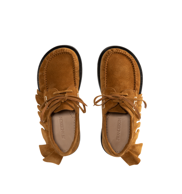 Image 4 of 4 - BROWN - JW Anderson Women's Ruffle Suede Boat Shoes. Crafted in Italy, this shoe features layered goat suede leather ruffles, finished with a blind-embossed JWA logo and refined with improved fitting for comfort. 100% Split Cow Suede.