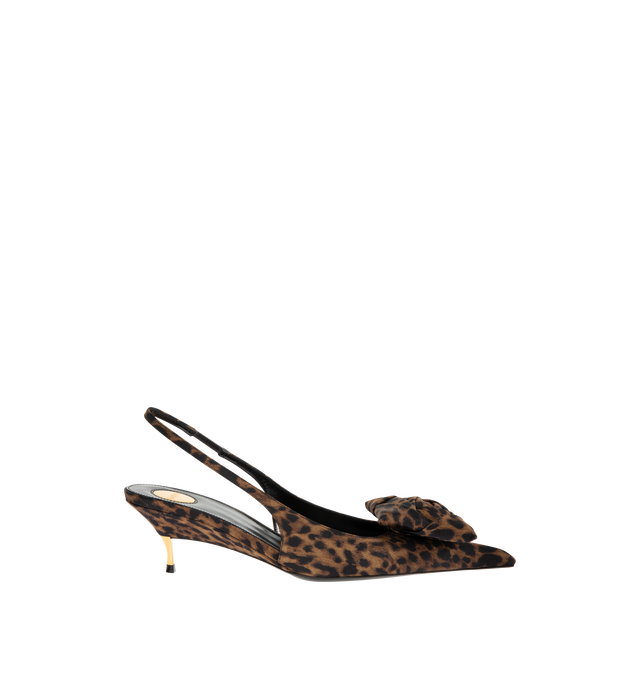 Image 1 of 4 - BROWN - SAINT LAURENT Dakota Slingback Pumps featuring a demi-wedge gold-tone kitten heel, elongated pointed toe with a hand-folded square rose, leather sole, round saint laurent-engraved metal plaque on the insole and elasticized slingback strap. Heel height: 5 cm / 1.9 inches. Silk. Made in Italy.