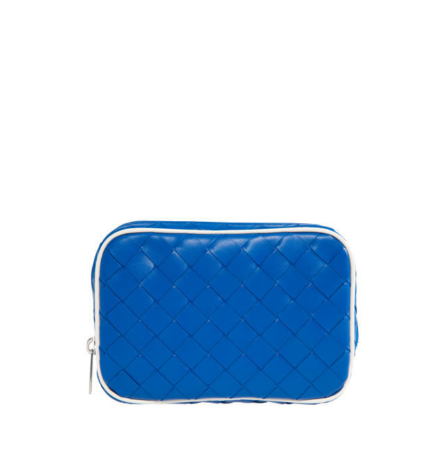 Image 1 of 4 - BLUE - Bottega Veneta small pouch in Intrecciato calf leather with contrasted piping, interior leather tag with embossed logo and zipper closure. Calfskin with canvas lining and silver finish hardware. Measures 5.1" high x 8.7" wide x 1.6" deep. Made in Italy.