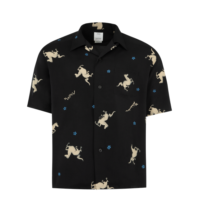 Image 1 of 2 - BLACK - VISVIM Crosby Shirt featuring camp-collar, graphic print, lightweight woven fabric, relaxed fit, button closure and short sleeves. 100% rayon. Made in Japan.