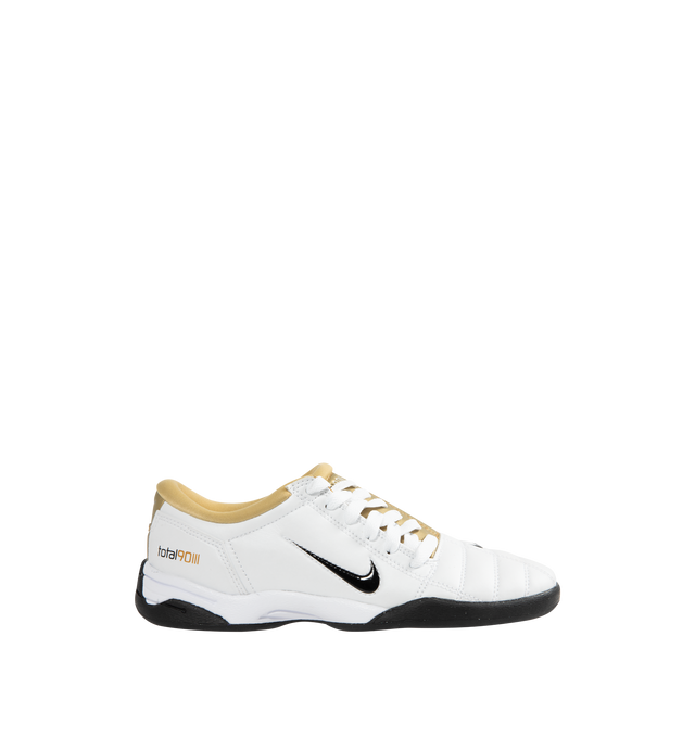Image 1 of 5 - WHITE - NIKE Total 90 SP Sneaker featuring a flat gum rubber sole, quilted upper, asymmetrical lacing, glossy black and Metallic Gold accents and low profile.